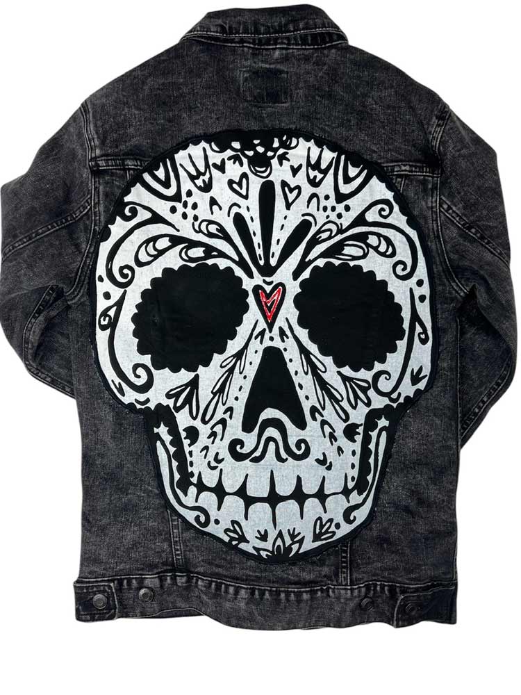 Black Denim Jacket with Big Calavera Patch