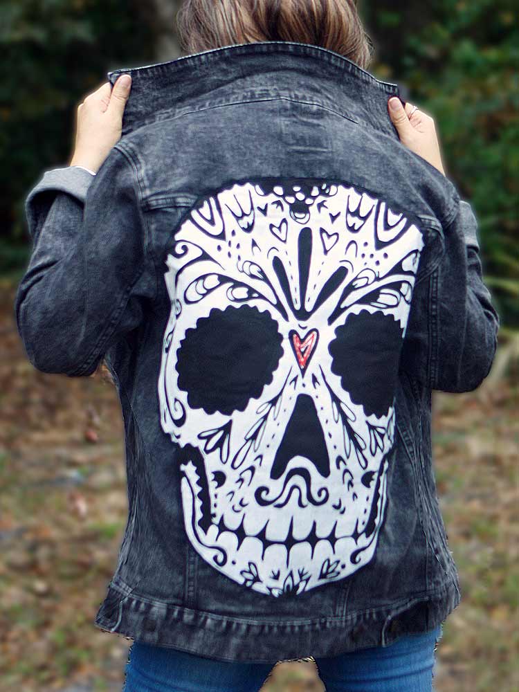 Black Denim Jacket with Big Calavera Patch