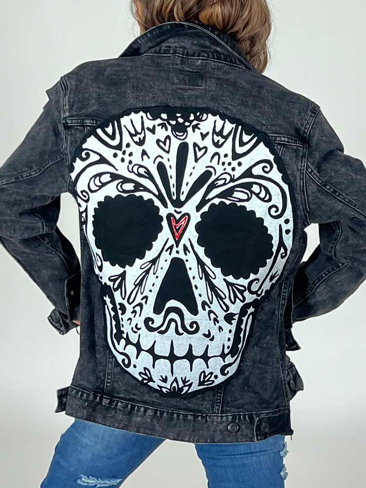 Black Denim Jacket with Big Calavera Patch
