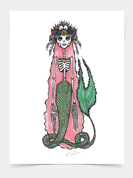 Pink Hair Skeleton Mermaid with Flowers