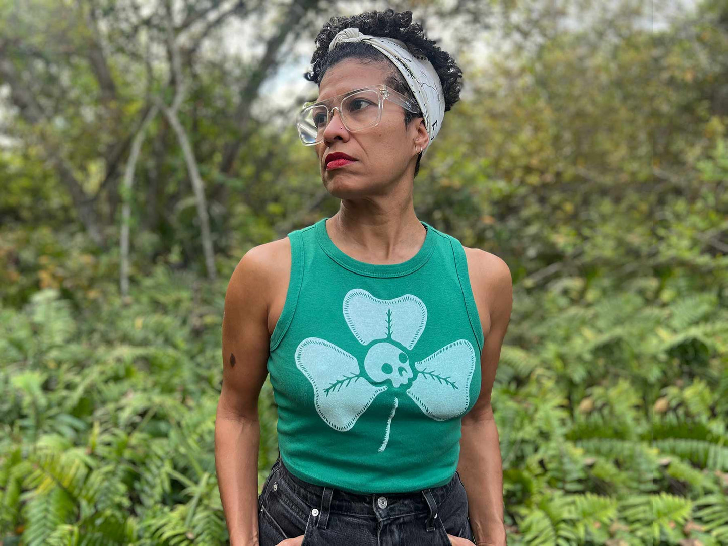 St Paddy's Day, Clover + Skull -Green Ribbed Muscle Crop