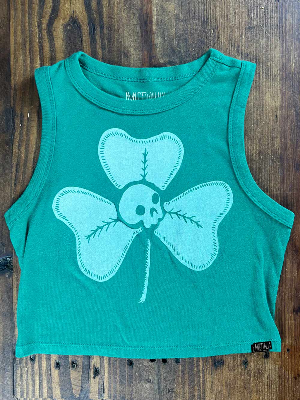 St Paddy's Day, Clover + Skull -Green Ribbed Muscle Crop