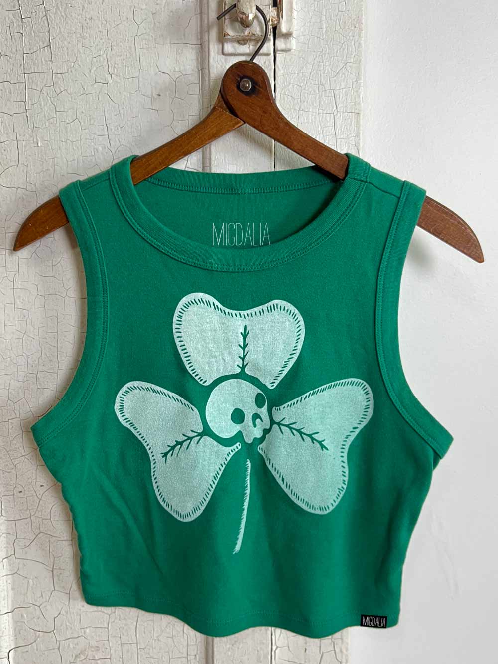 St Paddy's Day, Clover + Skull -Green Ribbed Muscle Crop on hanger