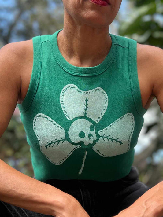 St Paddy's Day, Clover + Skull -Green Ribbed Muscle Crop