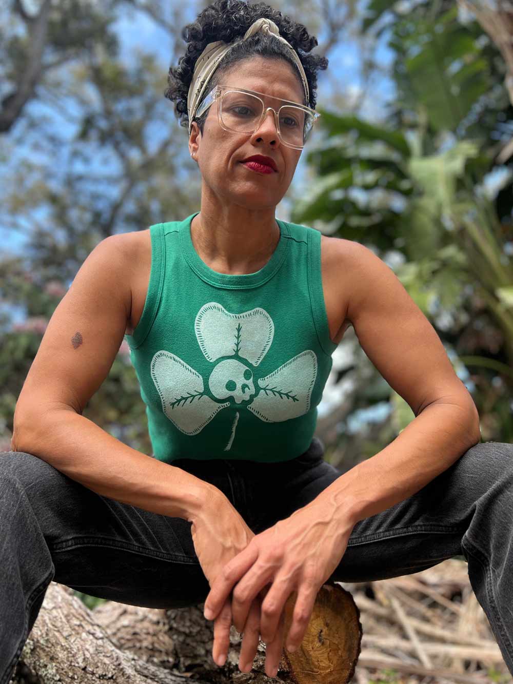 St Paddy's Day, Clover + Skull -Green Ribbed Muscle Crop