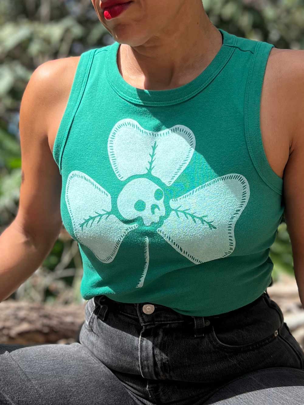 St Paddy's Day, Clover + Skull -Green Ribbed Muscle Crop