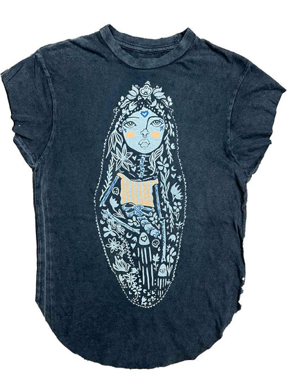 Black t-shirt with a graphic design of Floral Figure.