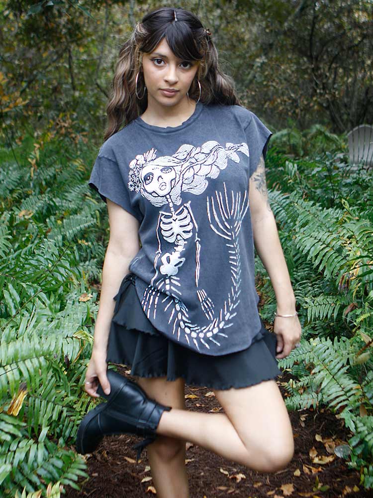 Model wearing third eye skeleton mermaid graphic tee