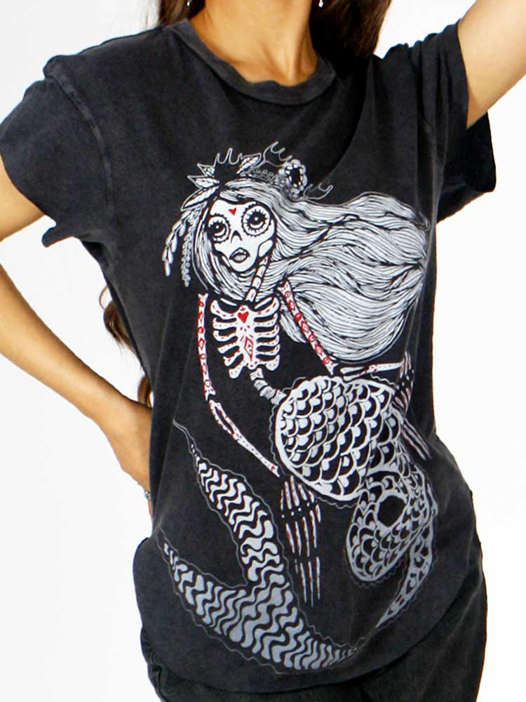 Graphic Tee with Skeleton Mermaid with a red heart