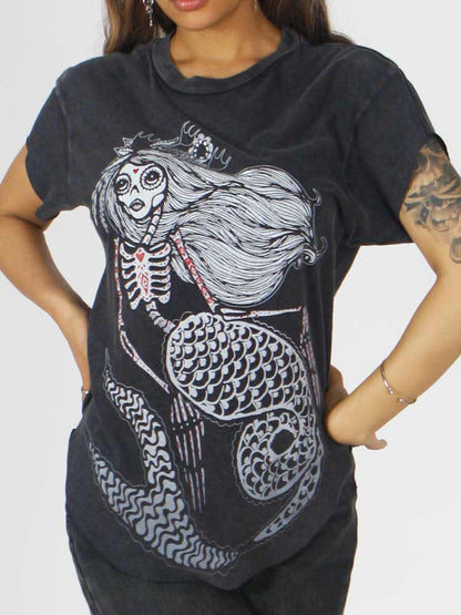 Graphic Tee with Skeleton Mermaid with a red heart