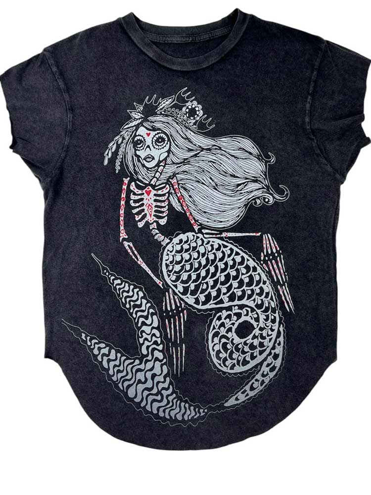 Graphic Tee with Skeleton Mermaid with a red heart