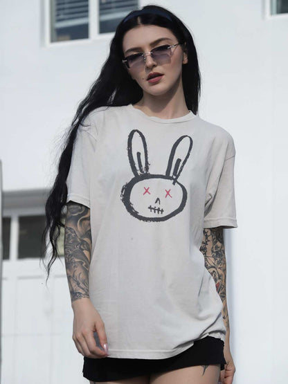 Female wearing a dead bunny rabbit graphic t-shirt