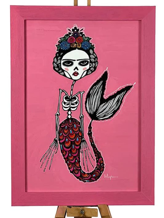 Frida Mermaid Print with Pink Background and Frame