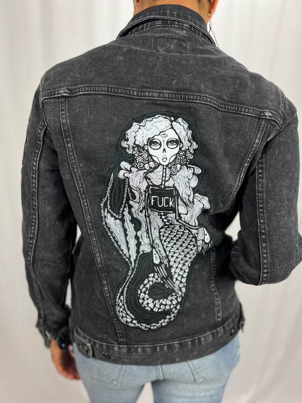 Black Denim Jacket with Mermaid Patch