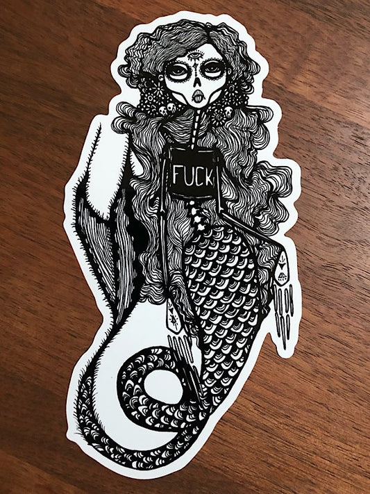Mermaid Sticker with word fuck prined on her shirt