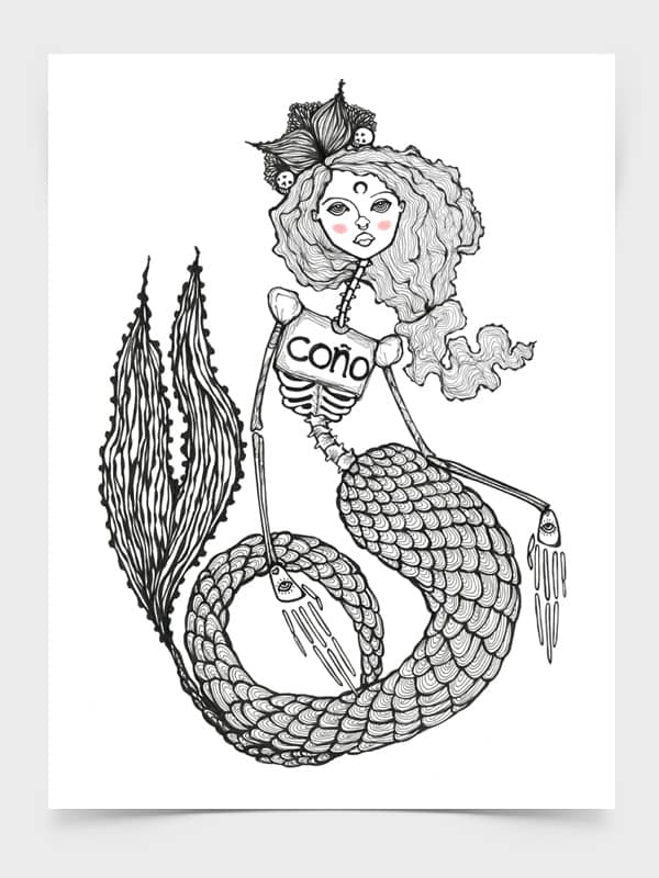 Beautiful Skeleton Mermaid Print, coño