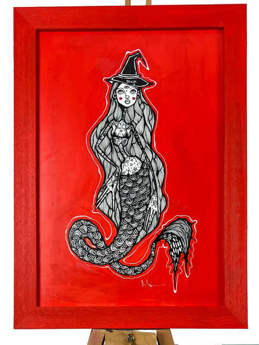 Mermaid Witch Framed Print with Red Color 