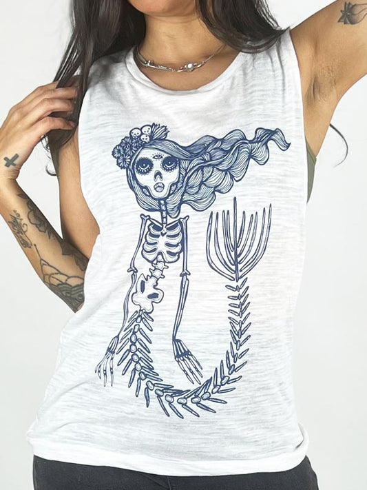 model in white tank with skeleton graphic