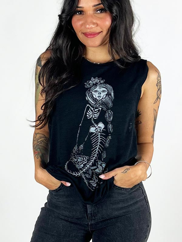 Model wearing skeleton mermaid black graphic tank top