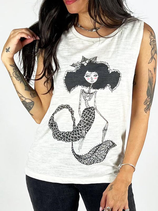 model wearing skeleton mermaid graphic tank top