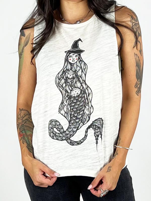 Tattooed female Model wearing a witch mermaid graphic design tank top
