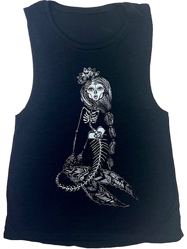 black tank top with skeleton mermaid graphic